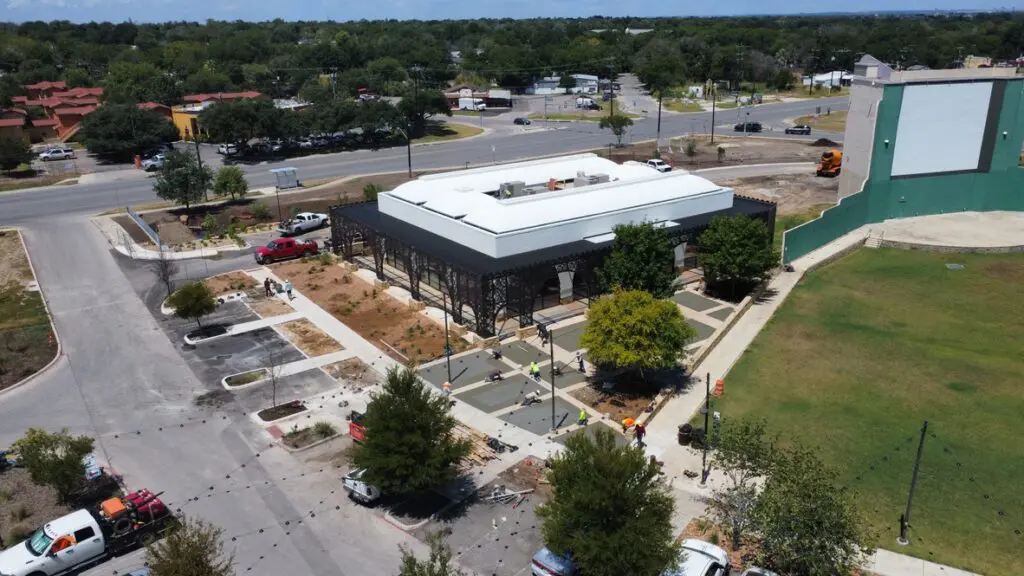 Aerial view of building under construction.