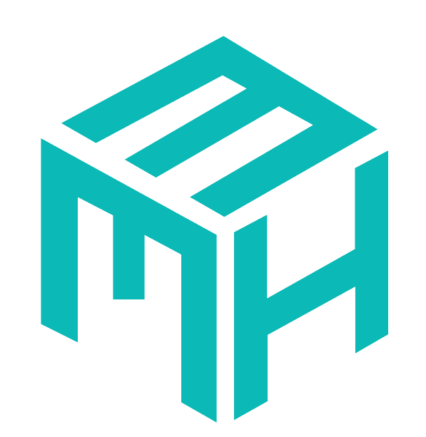 Teal geometric cube logo with letters.