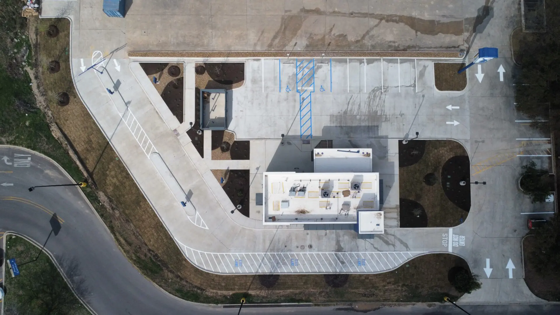 Aerial view of empty parking lot.